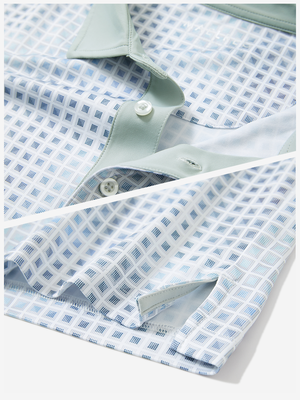Detail: collar and hem slit of bluish abstract lightweight stretch upgraded print golf polo shirts