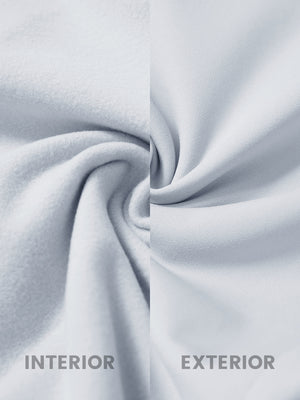 Inside and outer fabric close-up of misty grey golf lightweight fleece lined dress pants, soft fleece lining.