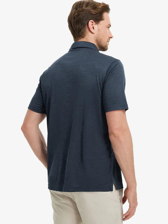 Rear half-body view of Modern Fit Melange Polo in NAVY HEATHER, showing clean fit and fabric details.