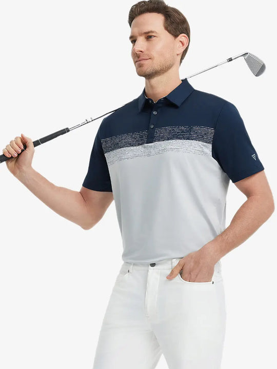 Half-body front shot holding golf club in NAVYGLACIER GREY Premium Performance Polo