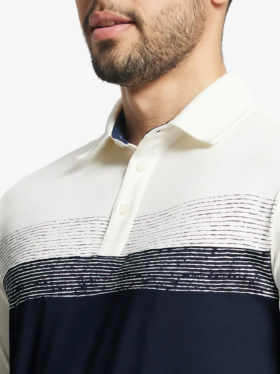Front view from nose to chest in NAVY Premium Performance Polo