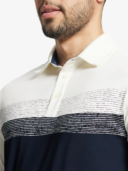 Front view from nose to chest in NAVY Premium Performance Polo