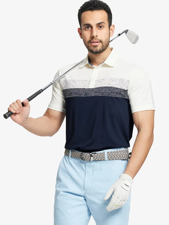 Half-body front shot holding golf club in NAVY Premium Performance Polo