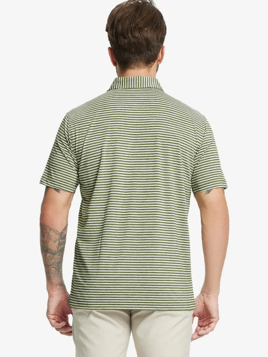 Back half-body shot of model showcasing the back of Sport Fit Stripe Polo in Olive Green Stripe