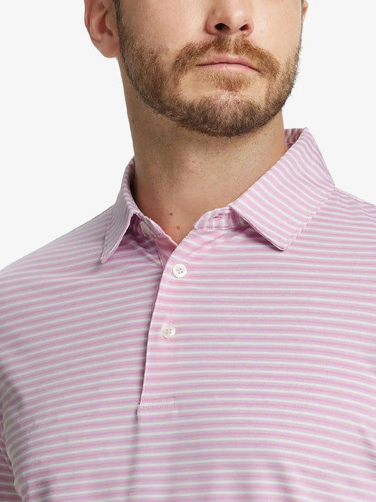 Front close-up shot of model from nose to chest wearing Sport Fit Stripe Polo in Pink Stripe