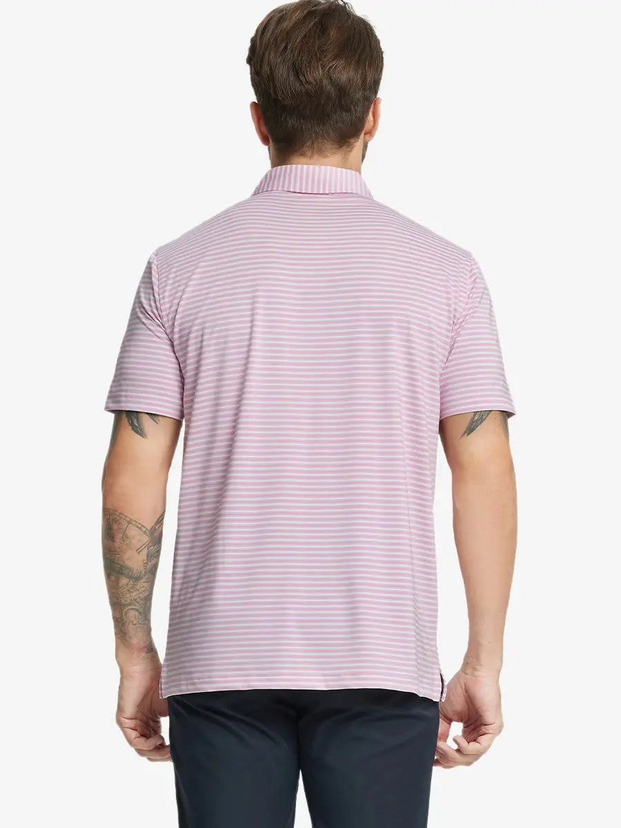Back half-body shot of model showcasing the back of Sport Fit Stripe Polo in Pink Stripe