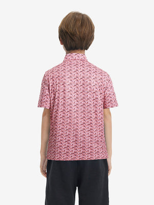 Back upper view of Stylish print boys polo shirts with clean lines and pink donutred lobster tone