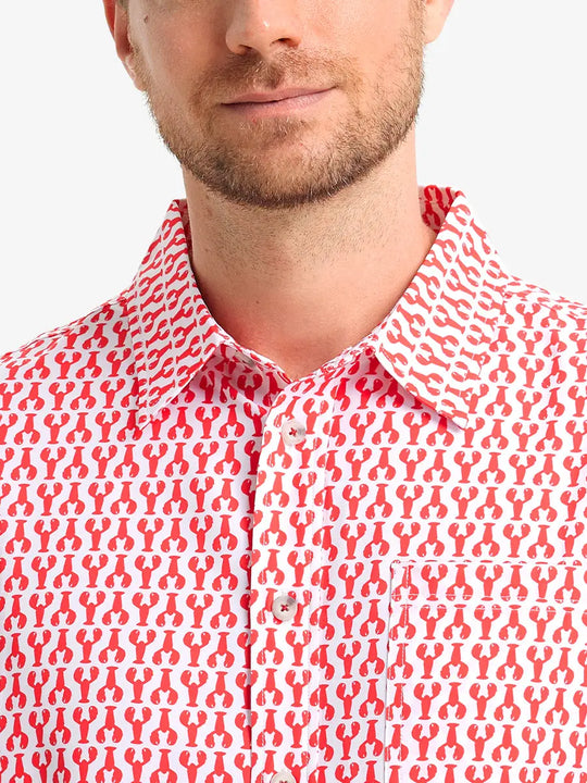 Front view from nose to chest wearing RED LOBSTER Stylish Printing Summer Shirt.