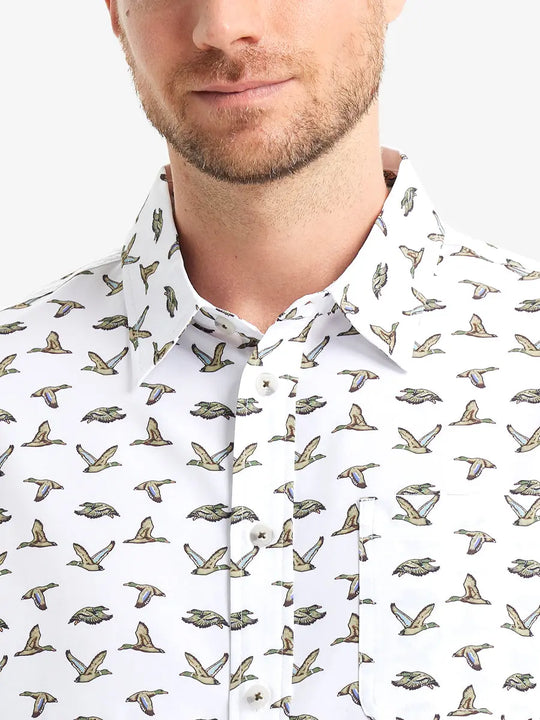 Front view from nose to chest wearing WHITE WILD GOOSE Stylish Printing Summer Shirt.