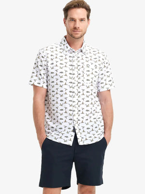 Front half-body view wearing WHITE WILD GOOSE Stylish Printing Summer Shirt.