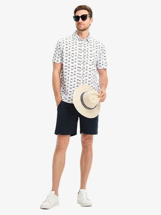 Full-body front view holding a takeaway drink cup, wearing WHITE WILD GOOSE Stylish Printing Summer Shirt.