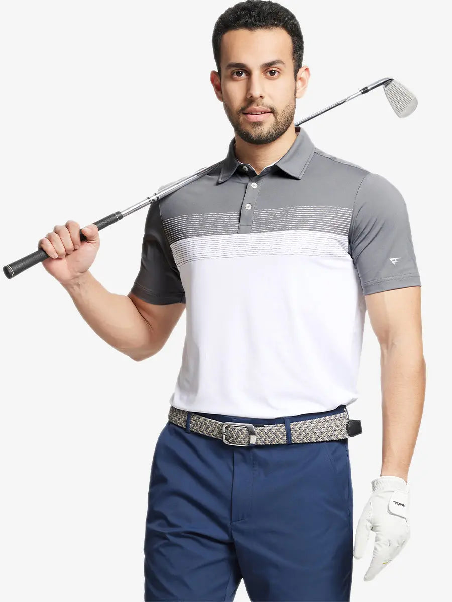 Half-body front shot holding golf club in WHITE Premium Performance Polo