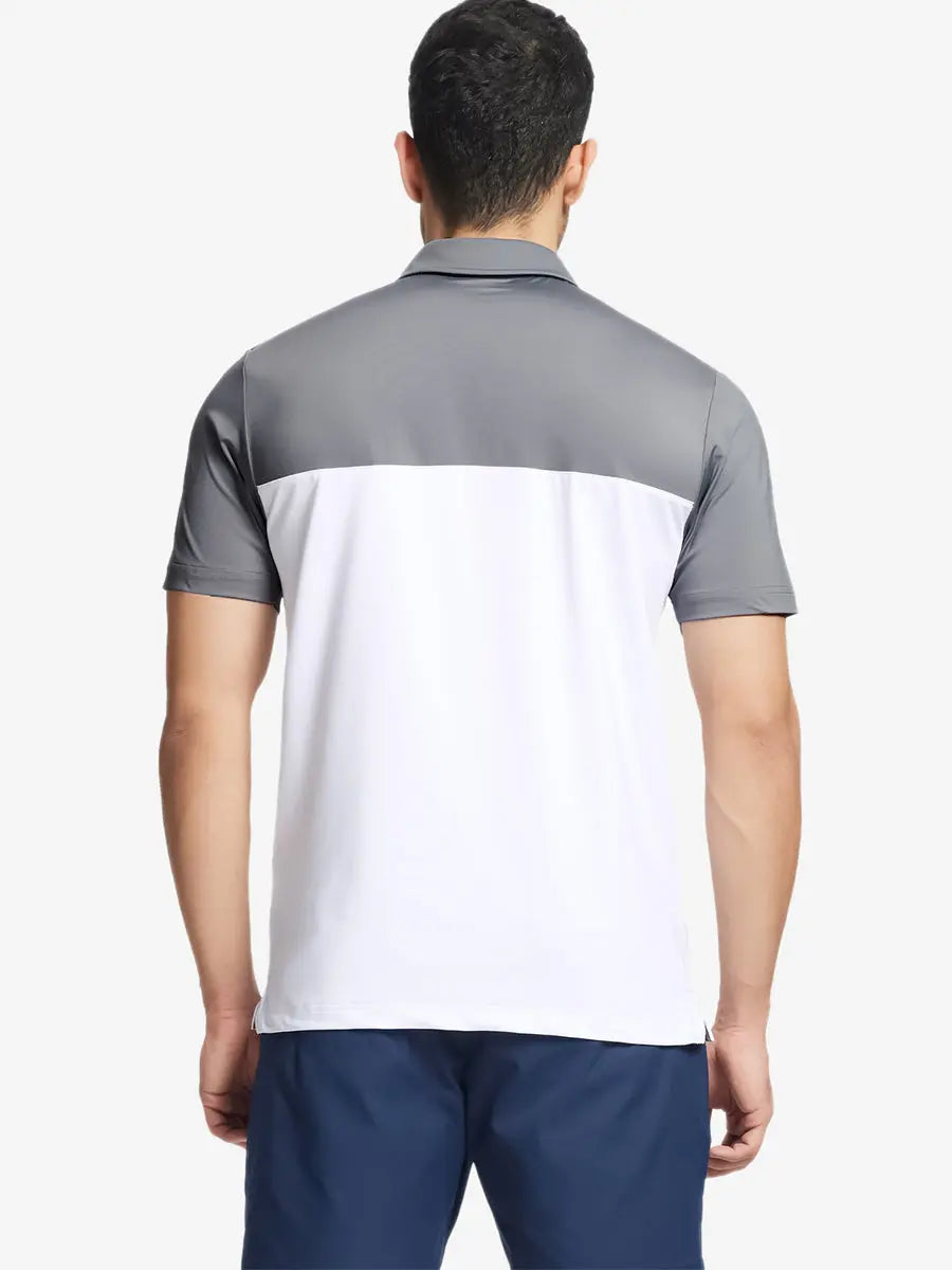 Back half-body view wearing WHITE Premium Performance Polo