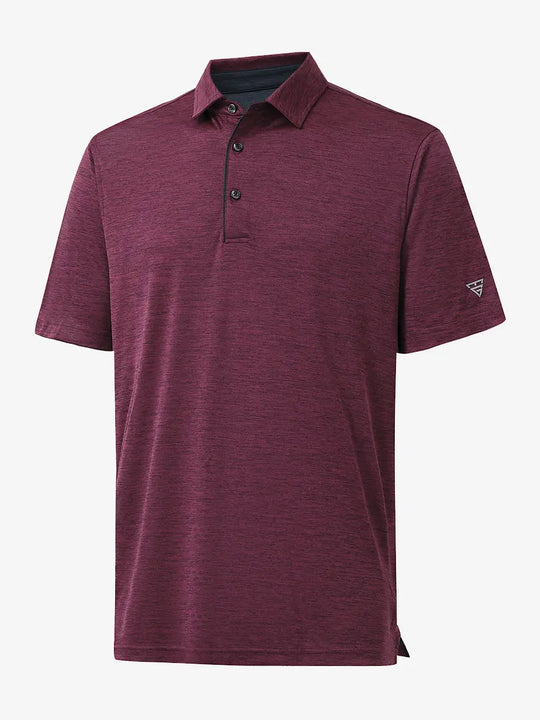 3D view highlighting Modern Fit Melange Polo in WINE HEATHER, showcasing fabric weave and tailored fit.