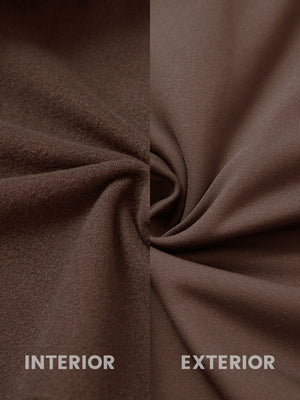 Inside and outer fabric close-up of coffee brown ultra-soft brushed fleece lining quarter zip sweatshirt, soft fleece.