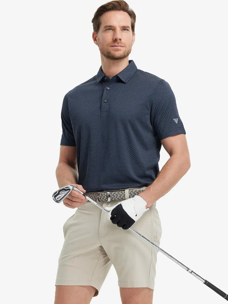 Full body front view of model wearing GREY NAVY Your Favorite Jacquard Polo, holding a golf club