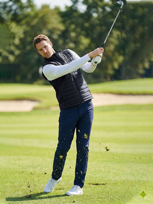 Lightweight Water-Resistant Puffer Vest, Navy (Model Wearing The Vest Outdoors)